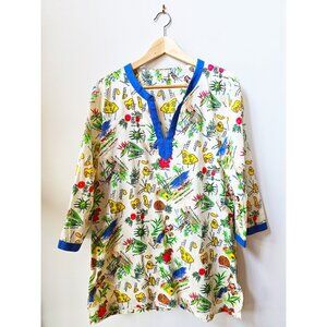 J. Crew V-Neck Hawaiian Print Cotton Poplin Tunic Blouse in a Size Large L